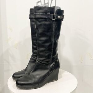 UGG Maxene‎ Wedge Boot Tall Genuine Leather Sherpa Lined Black Sz 9 Womens
